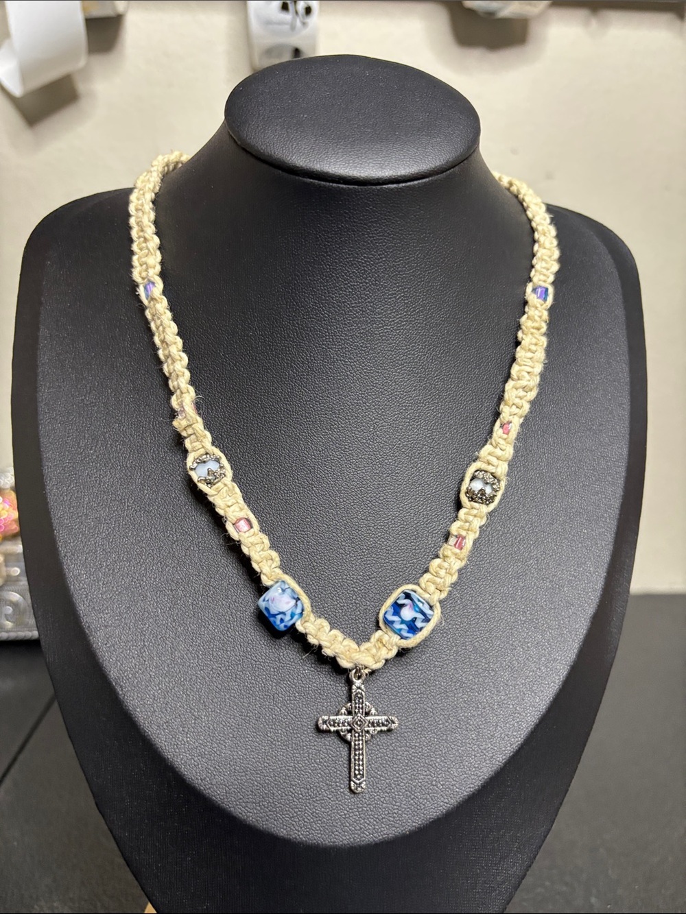 Beachy Boho Cream Beaded Necklace Blue Glass Accent Beads Silver Tone Cross